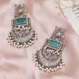 JEWILLEY Silver-Plated Artificial Stone Studded And Beaded Contemporary Drop Earrings-14