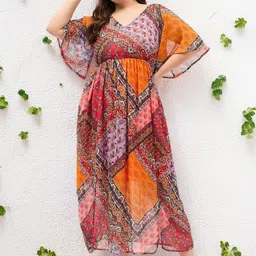 DressBerry Curve Printed Flared Sleeve Chiffon Plus Size Maxi Dress-15