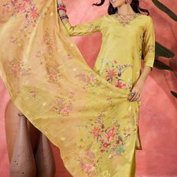 Sangria Floral Printed Chanderi Silk Kurta With Trouser & Dupatta-image-31