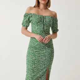 Happiness istanbul Embellished Print Off-Shoulder Sheath Midi Dress-19