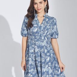 Latin Quarters Women Tropical Printed Mandarin Collar Puff Sleeves A-Line Mini Dress-picture-27