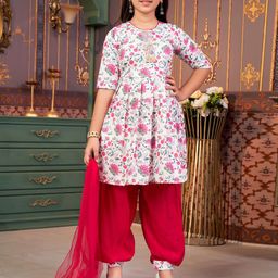 Sangria Girls Floral Printed Anarkali Kurti And Patiala & Dupatta-image-85