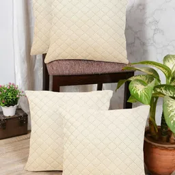 IVAZA Cream-Coloured Set of 4 Checked Velvet Square Cushion Covers-14
