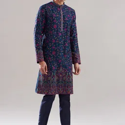 ASUKA Men Floral Embroidered Regular Thread Work Kurta with Trousers-19