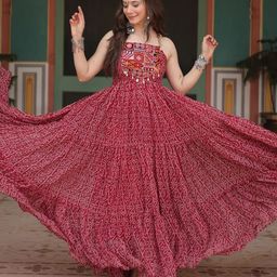 KALINI Bandhani Printed Halter Neck Gathered Georgette Fit & Flare Maxi Ethnic Dress-image-55
