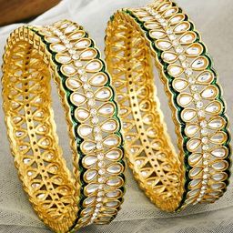 Anouk Set of 2 Gold Plated & Green Kundan Stone Studded Bangles-2