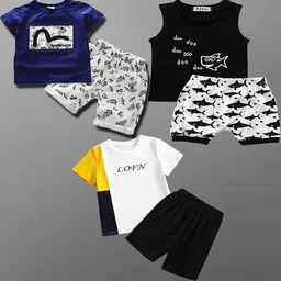 Lofn Unisex Kids Pack Of 3 Printed Round Neck T-shirt with Shorts-6