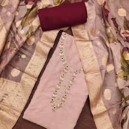 SAINOOR Floral Embroidered Beaded Pure Cotton Semi-Stitched Dress Material-image-42