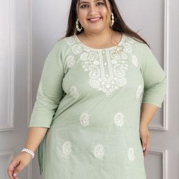 Lee Moda Plus Size Paisley Embroidered Round Neck Pure Cotton Kurti-image-57