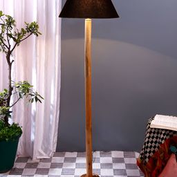 Devansh Black & Brown Cotton Conical Shade Wood Base Floor Lamps-1