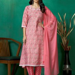 DIVASTRI Women Ethnic Motifs Printed Gotta Patti Pure Cotton Kurta with Trousers & Dupatta-image-69