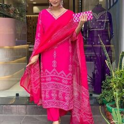 THE52 Bandhani Printed V-Neck Gotta Patti Straight Kurta With Trousers & Dupatta-picture-56