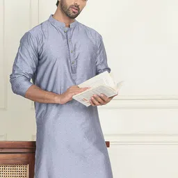 Anouk Grey Geometric Woven Design Mandarin Collar Jacquard Straight Kurta-14