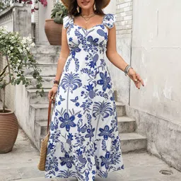 Sztori Women Floral Print Flutter Sleeve Fit & Flare Dress-image-54