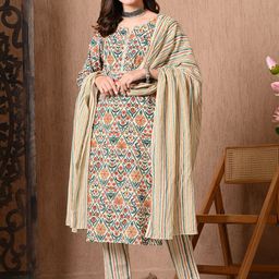 Anouk Floral Printed V-Neck Pure Cotton Straight Kurta With Trousers & Dupatta-42