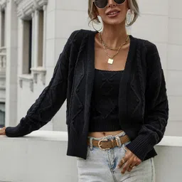 Oh Rare Twisted Rope Knitted Acrylic Loose-Fit Cardigan With Crop Top-image-80