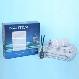 Nautica Grey & White 4 Piece Striped Cotton Towels With Reed Diffuser Home Gift Sets-60