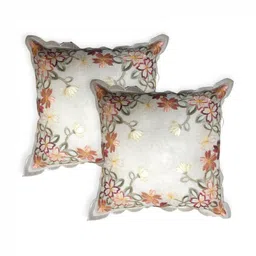 MONKDECOR Maroon & Green 2 Pieces Floral Embroidered Square Cushion Covers-16