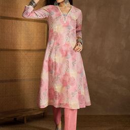 Inddus Floral Printed V-Neck A-Line Kurta With Trousers-image-47