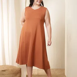 Amydus Women Plus Size Rust Orange A-Line Cotton Sleeveless Midi Dress-picture-1