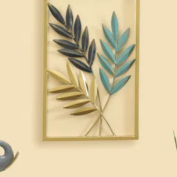 vedas Gold Toned & Blue Textured Leaf Wall Decor-35