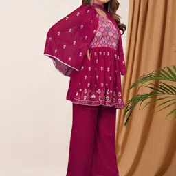 PARROT CREATION Floral Embroidered Georgette V-Neck Kurti With Palazzos & Jacket-image-83