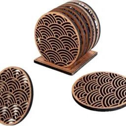 Premium Laser Cut Wooden Coaster Set of 6 with Stand Round MDF Tea Urn-28