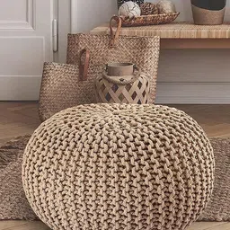 SANYOG DESIGNS Beige Knitted Pure Cotton Oval Pouf-56