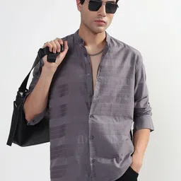 SHOWOFF Striped Mandarin Collar Comfort Slim Fit Cotton Shirt-image-38