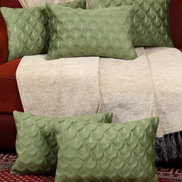 Feather Design Green Color Rectangle Velvet Cushion Covers Set of 5-9