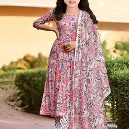Vetrokart Girls Floral Printed Raw Silk Round Neck Anarkali Kurta With Trousers & Dupatta-picture-25