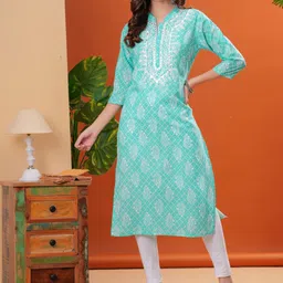 JC4U Floral Printed Mandarin Collar Mirror Work Pure Cotton Straight Kurta-image-8