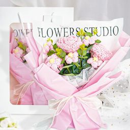 Ekhasa Pink & Green Rose Crochet Artificial Flowers Bouquet-43