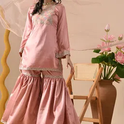 ftDiva Women Embroidered Regular Sequinned Satin Kurta with Sharara & Dupatta-picture-17
