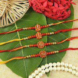 Asthetika Set Of 4 Stones Studded And Beaded Ganesha Swastik Thread Rakhis-0