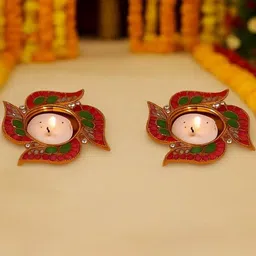 Tiny Shiny Set Of 2 Gold Toned Embellished Diya Candle Holder-picture-34
