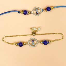 Sangria Artificial Stones Studded & Beaded Evil Eye Thread Rakhi With Roli Chawal-50