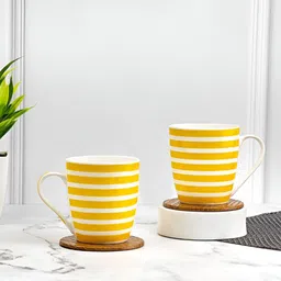 UPC Yellow & White 2 Pieces Striped Printed Dishwasher Safe Ceramic Glossy Mugs-42