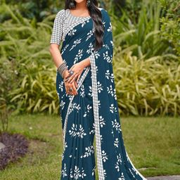 PEENGAX Floral Pure Cotton Block Print Saree-image-43