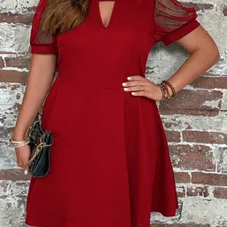 C4D Plus Size Keyhole Neck Puff Sleeves Fit & Flare Dress-picture-1