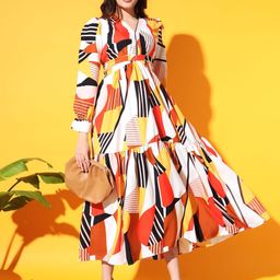 LookShine Puff Sleeves Printed Fit And Flare Midi Dress-image-40