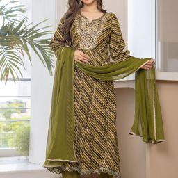 TOULIN Women Leheriya Embroidered Regular Kurta with Palazzos & Dupatta-image-7