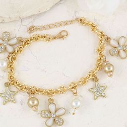 Asthetika Gold Plated Artificial Stones & Beaded Floral Star Charm Bracelet-image-41