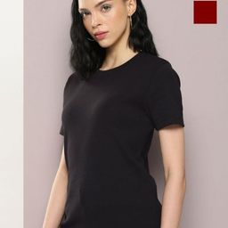 URBANICE Women Pack of 2 Solid Round Neck Cotton T-shirts-image-2