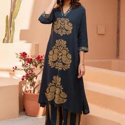 KALINI Geometric Printed V-Neck Beads And Stones Straight Kurta With Palazzos-picture-41