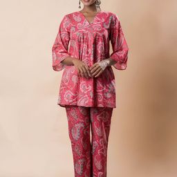 KALAMIR Printed Pure Cotton V Neck Top & Trousers Co-ords-image-76
