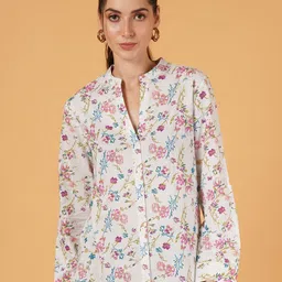 IX IMPRESSION Women Solid Button Down Mandarin Collar Oversized Cotton Top-image-7