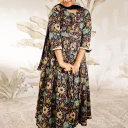 VASTRAMAY Girls Floral Printed Empire Pure Cotton Kurta with Pyjamas & Dupatta-image-98