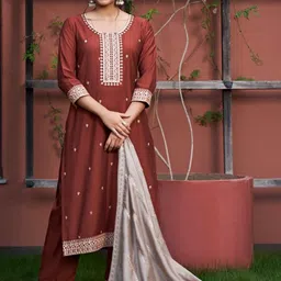 Colors of Earth Women Embroidered Regular Thread Work Kurta with Trousers & With Dupatta-image-89