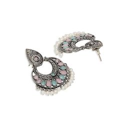 Sangria Set Of 2 Artificial Stones Studded & Beaded Crescent Shaped Oxidised Chandbalis image 3